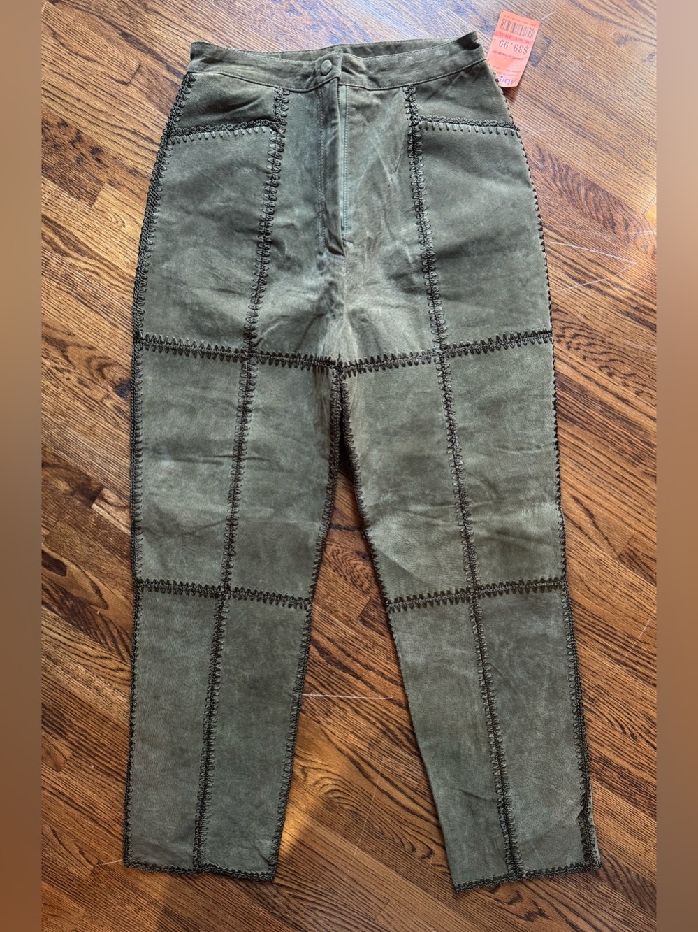 Vintage NWT S.M.H. Suede Crochet Olive Patchwork-Stitch Trousers Size 12